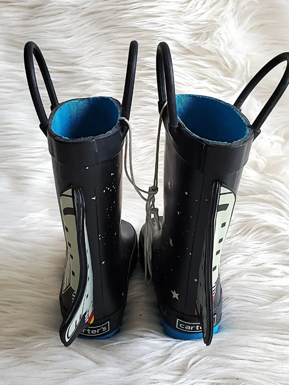 Carter's Kid's Black/Blue 4-D Space Rocket Waterproof Unisex Rain Boots SZ 4